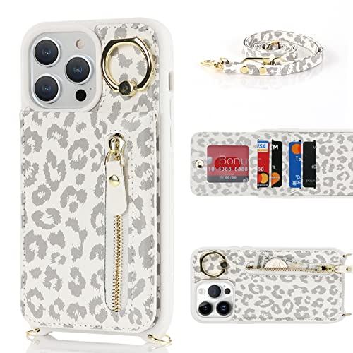 Jaorty iPhone 13 Pro Case for Women with Card Holder,iPhone 13 Pro Phone Case Wallet with Strap,Crossbody Lanyard Cases with Credit Card Slots Kickstand and Stand Case Ring Holder,6.1" White Leopard