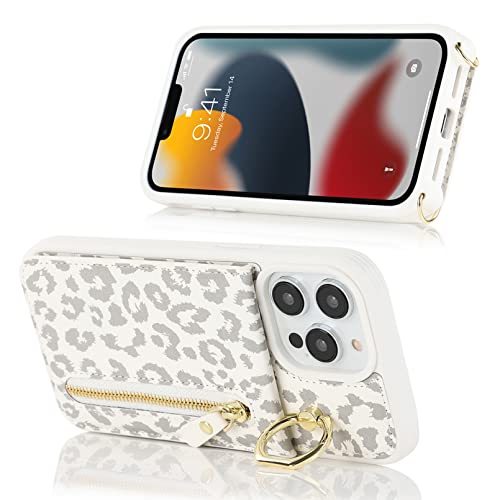 Jaorty iPhone 13 Pro Case for Women with Card Holder,iPhone 13 Pro Phone Case Wallet with Strap,Crossbody Lanyard Cases with Credit Card Slots Kickstand and Stand Case Ring Holder,6.1" White Leopard