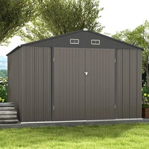 patiowell 10 x 10 ft outdoor storage shed,metal yard shed with design of lockable doors, utility and tool storage for garden, patio, backyard, outside use,brown
