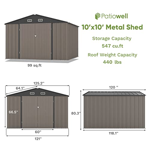Patiowell 10 x 10 FT Outdoor Storage Shed,Metal Yard Shed with Design of Lockable Doors, Utility and Tool Storage for Garden, Patio, Backyard, Outside use,Brown