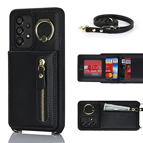 Jaorty Samsung Galaxy A53 5G Phone Case for Women with Card Holder,Samsung A53 Case Wallet Crossbody Lanyard with Strap,Credit Card Slots Kickstand Case with Ring Holder,6.5 Inch,Black