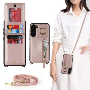 jaorty samsung galaxy s23 plus 5g phone case for women with card holder,samsung s23 plus case wallet crossbody lanyard with strap,credit card slots kickstand case with ring holder,6.6 inch,rosegold