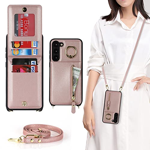 Jaorty Samsung Galaxy S23 Plus 5G Phone Case for Women with Card Holder,Samsung S23 Plus Case Wallet Crossbody Lanyard with Strap,Credit Card Slots Kickstand Case with Ring Holder,6.6 Inch,Rosegold