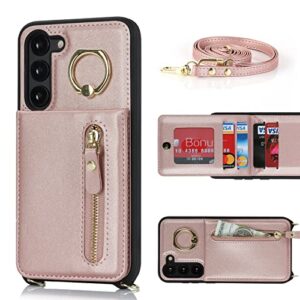 Jaorty Samsung Galaxy S23 Plus 5G Phone Case for Women with Card Holder,Samsung S23 Plus Case Wallet Crossbody Lanyard with Strap,Credit Card Slots Kickstand Case with Ring Holder,6.6 Inch,Rosegold