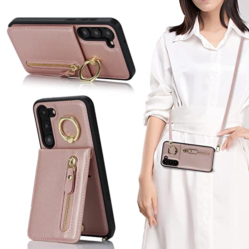 Jaorty Samsung Galaxy S23 Plus 5G Phone Case for Women with Card Holder,Samsung S23 Plus Case Wallet Crossbody Lanyard with Strap,Credit Card Slots Kickstand Case with Ring Holder,6.6 Inch,Rosegold