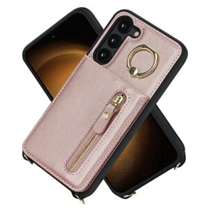 Jaorty Samsung Galaxy S23 Plus 5G Phone Case for Women with Card Holder,Samsung S23 Plus Case Wallet Crossbody Lanyard with Strap,Credit Card Slots Kickstand Case with Ring Holder,6.6 Inch,Rosegold