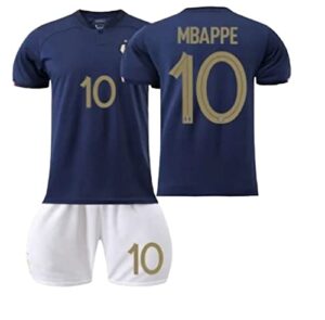 france mbappe home blue soccer kids jersey + shorts set kit for youth size xl (12 years old)