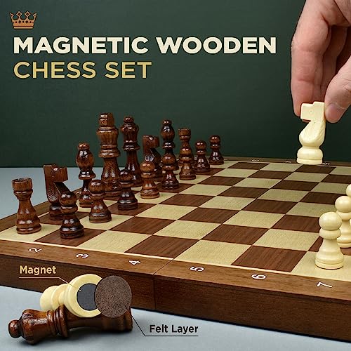 Chess Set – Chess Board for Adults and Kids – Magnetic Chess Set 2 in 1 – Chess and Checkers Board Game – 15” Magnetic Chess Board with Wooden Chess Pieces (Wooden Chess Set)