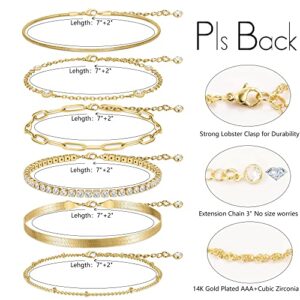 Gold Bracelets Sets for Women Girls, 14K Real Gold Plated Dainty Beaded Layered Bracelets, Simple Chain Tennis Bracelets Pack with Zirconia, Jewelry Gifts.