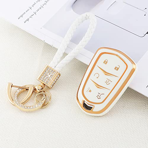 PIFOOG for Cadillac Escalade Key Fob Cover 2015 2016 2017 2018 2019 2020 Accessories 6 Buttons Keys Case Shell Full Covers Glitter Keychain Girly Women White Gold Soft TPU