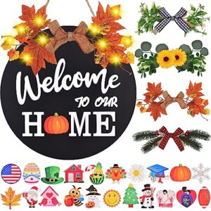 idatoo interchangeable welcome home sign, front door decor with 4 seasonal wreaths and 21 changeable icons, rustic wood wall porch hanger for holiday halloween christmas(black)