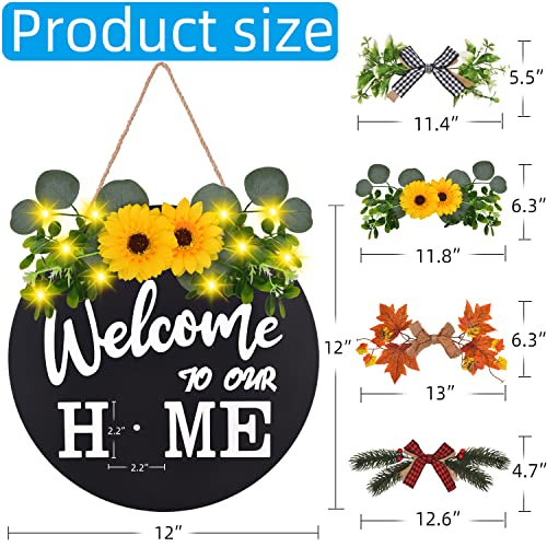 IDATOO Interchangeable Welcome Home Sign, Front Door Decor With 4 Seasonal Wreaths and 21 Changeable Icons, Rustic Wood Wall Porch Hanger for Holiday Halloween Christmas(Black)