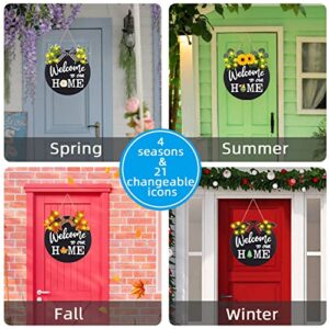 IDATOO Interchangeable Welcome Home Sign, Front Door Decor With 4 Seasonal Wreaths and 21 Changeable Icons, Rustic Wood Wall Porch Hanger for Holiday Halloween Christmas(Black)