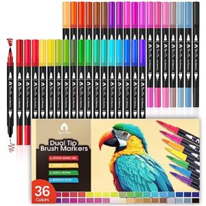 vigorfun dual brush marker pens, 36 colored markers, fine point and brush tip art markers for kids adult coloring books journaling drawing calligraphy planners note taking art supplies kit