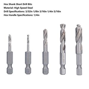 5pcs Stubby Drill Bit Set, Drill Bit Set with 1/4 Quick Change Hex Shank for Machining Drilling, M2 High Speed Steel, for Quick Change Chucks and Drives