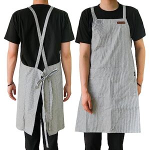 hanee cross-back apron for men and women, cotton canvas apron with stripes (3 colors) (navy blue)