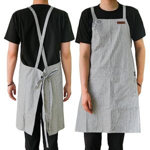 HANEE Cross-Back Apron for Men and Women, Cotton Canvas Apron with Stripes (3 Colors) (Navy Blue)