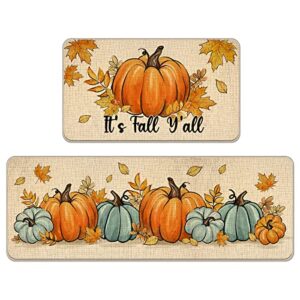 tailus it's fall y'all pumpkin patch kitchen rugs set of 2, autumn maple leaves kitchen mats decor, teal farmhouse thanksgiving floor door mat home decorations - 17x29 and 17x47 inch