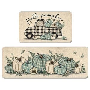 tailus hello pumpkin teal white fall kitchen rugs set of 2, blue autumn plaid check truck kitchen mats decor, farmhouse thanksgiving floor door mat home decorations - 17x29 and 17x47 inch