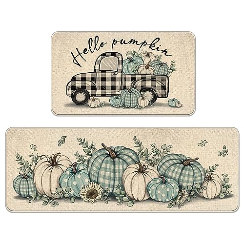 Tailus Hello Pumpkin Teal White Fall Kitchen Rugs Set of 2, Blue Autumn Plaid Check Truck Kitchen Mats Decor, Farmhouse Thanksgiving Floor Door Mat Home Decorations - 17x29 and 17x47 Inch