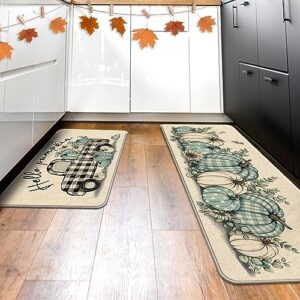 Tailus Hello Pumpkin Teal White Fall Kitchen Rugs Set of 2, Blue Autumn Plaid Check Truck Kitchen Mats Decor, Farmhouse Thanksgiving Floor Door Mat Home Decorations - 17x29 and 17x47 Inch