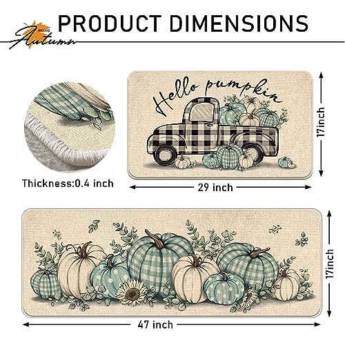 Tailus Hello Pumpkin Teal White Fall Kitchen Rugs Set of 2, Blue Autumn Plaid Check Truck Kitchen Mats Decor, Farmhouse Thanksgiving Floor Door Mat Home Decorations - 17x29 and 17x47 Inch