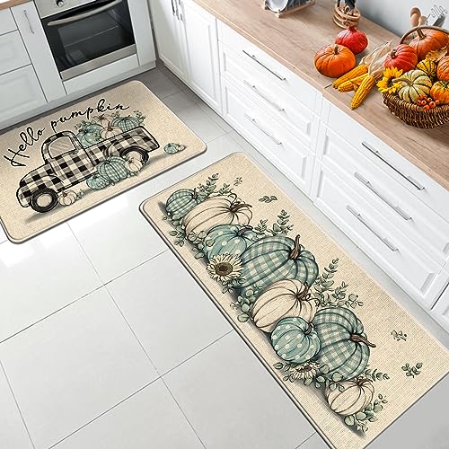 Tailus Hello Pumpkin Teal White Fall Kitchen Rugs Set of 2, Blue Autumn Plaid Check Truck Kitchen Mats Decor, Farmhouse Thanksgiving Floor Door Mat Home Decorations - 17x29 and 17x47 Inch