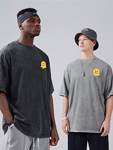 KEEPSHOWING Men's Cotton T-Shirts Oversized Unisex Short Sleeves Casual Loose Wash Solid Basic Tee Tops(A-Black XL)