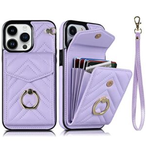 delidigi for iphone 13 pro max wallet case with card holder, pu leather case with 360° rotatable ring stand detachable wrist strap, rfid blocking protective case for iphone 13 pro max (purple)