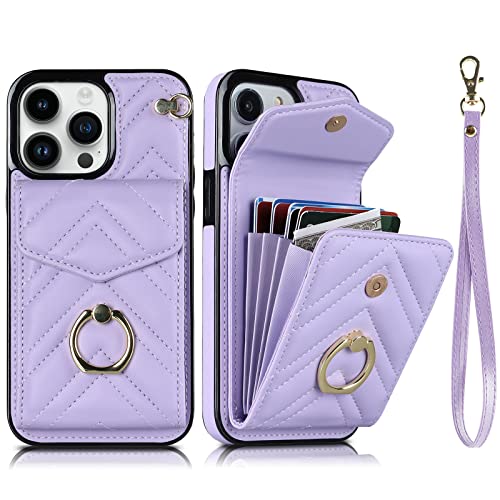 Delidigi for iPhone 13 Pro Max Wallet Case with Card Holder, PU Leather Case with 360° Rotatable Ring Stand Detachable Wrist Strap, RFID Blocking Protective Case for iPhone 13 Pro Max (Purple)