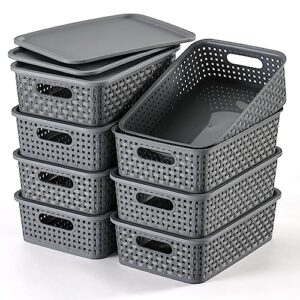netany [ 8 pack ] plastic storage baskets with lids, small pantry organization, stackable storage bins, household organizers for cabinets, countertop, drawers, under sink or on shelves,gray