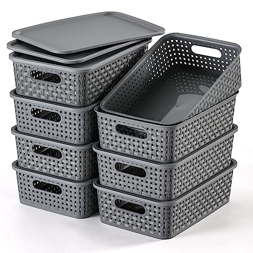 NETANY [ 8 Pack ] Plastic Storage Baskets With Lids, Small Pantry Organization, Stackable Storage Bins, Household Organizers for Cabinets, Countertop, Drawers, Under Sink or On Shelves,Gray