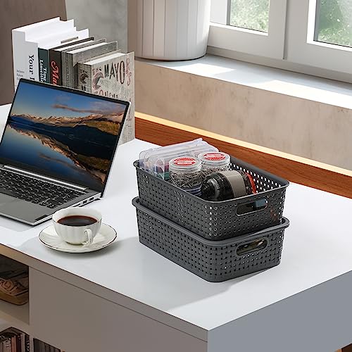 NETANY [ 8 Pack ] Plastic Storage Baskets With Lids, Small Pantry Organization, Stackable Storage Bins, Household Organizers for Cabinets, Countertop, Drawers, Under Sink or On Shelves,Gray