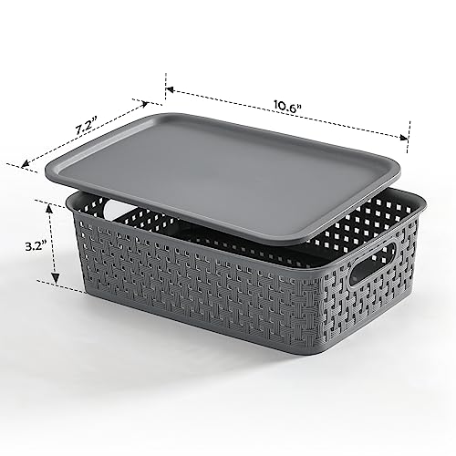 NETANY [ 8 Pack ] Plastic Storage Baskets With Lids, Small Pantry Organization, Stackable Storage Bins, Household Organizers for Cabinets, Countertop, Drawers, Under Sink or On Shelves,Gray