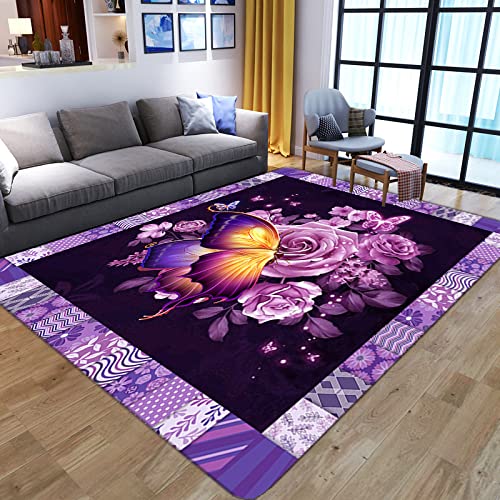 Fluffy Rug 8x10 Feet / 240x300 cm Faux Wool Indoor Accent Rug Non-Slip Low-Pile Carpet for Entrance Living RoomBedroom Dining Table Pink Purple Gold Butterfly Pattern