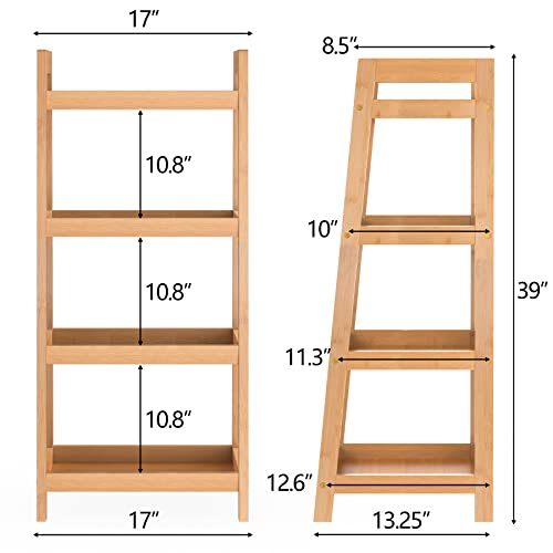 Purbambo 4 Tier Bamboo Ladder Shelf, Book Shelf Bookcase, Multifunctional Floor Freestanding Storage Rack, Plants Display Stand for Bathroom, Kitchen, Living Room