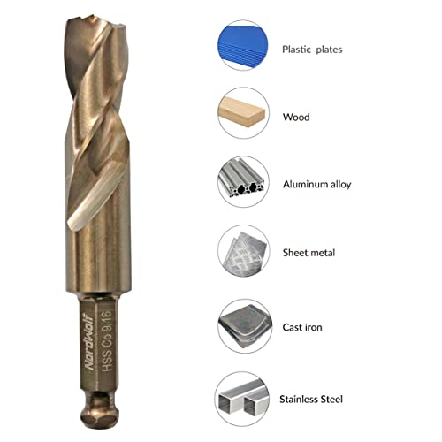 NordWolf 9/16" M35 Cobalt Stubby Drill Bit for Stainless Steel & Hard Metals, with 5/16" Hex Shank for Quick Chucks & Impact Drivers