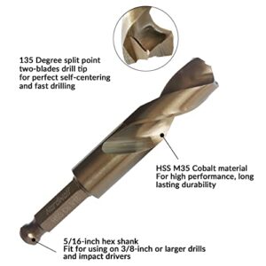 NordWolf 9/16" M35 Cobalt Stubby Drill Bit for Stainless Steel & Hard Metals, with 5/16" Hex Shank for Quick Chucks & Impact Drivers