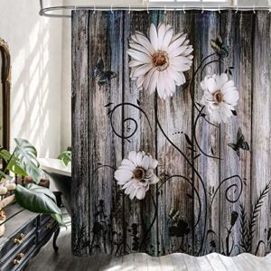 mitovilla rustic daisy shower curtain set with hooks, butterfly plant floral fabric cloth shower curtains for chic vintage bathroom decor, durable polyester, farm style, 72x72