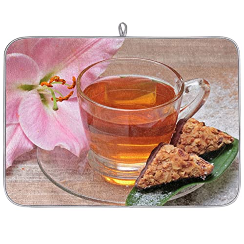 Lilies Tea Kitchen Drying Mat 18 x 24 Inch - Reversible Super Absorbent Fiber Dish Drying Pad with Non-Slip Backing for Countertop Tea Coffee Bar Accessories