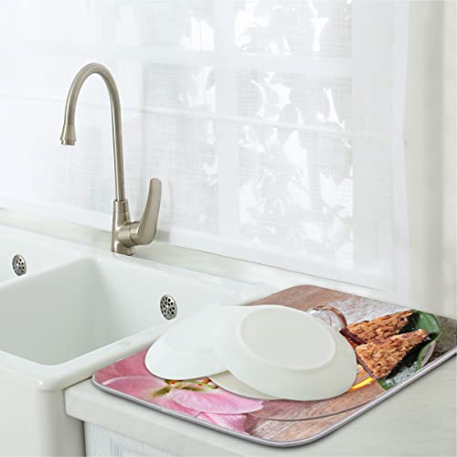 Lilies Tea Kitchen Drying Mat 18 x 24 Inch - Reversible Super Absorbent Fiber Dish Drying Pad with Non-Slip Backing for Countertop Tea Coffee Bar Accessories