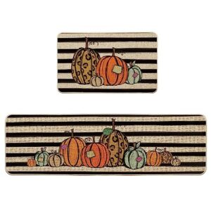 artoid mode watercolor stripes pumpkin decorative kitchen mats set of 2, home seasonal fall holiday party autumn harvest thanksgiving vintage low-profile floor mat - 17x29 and 17x59 inch