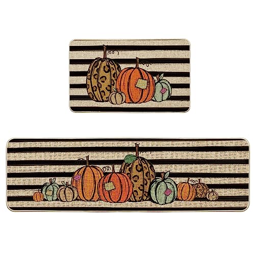 Artoid Mode Watercolor Stripes Pumpkin Decorative Kitchen Mats Set of 2, Home Seasonal Fall Holiday Party Autumn Harvest Thanksgiving Vintage Low-Profile Floor Mat - 17x29 and 17x59 Inch