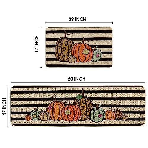 Artoid Mode Watercolor Stripes Pumpkin Decorative Kitchen Mats Set of 2, Home Seasonal Fall Holiday Party Autumn Harvest Thanksgiving Vintage Low-Profile Floor Mat - 17x29 and 17x59 Inch