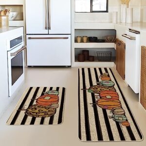 Artoid Mode Watercolor Stripes Pumpkin Decorative Kitchen Mats Set of 2, Home Seasonal Fall Holiday Party Autumn Harvest Thanksgiving Vintage Low-Profile Floor Mat - 17x29 and 17x59 Inch