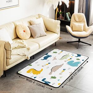 jejeloiu Cute Dinosaur Area Rug Cartoon Cactus Rugs for Living Room Set Decor Jungle Dino Boho Succulent Decorative Carpet Set Wild Animal Pattern Yellow Grey Indoor Floor Mat Bedroom Accent Rug 5X7