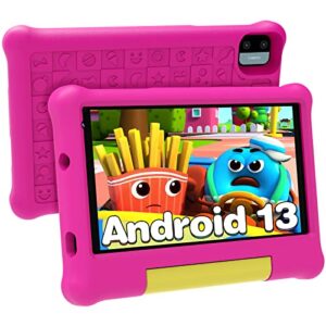 apolosign kids tablet, 7-inch android 13 tablet for kids, 2gb ram+32gb rom with wifi, bluetooth, parental control app, educational games, dual cameras, shockproof case(pink)