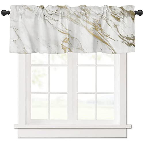 JasmineM Valances Curtains for Windows White Gold Marble Rod Pocket Kitchen Valance Scarf for Living Room Wild Symbol Short Window Treatment Drapes Curtain for Bedroom 60x18in