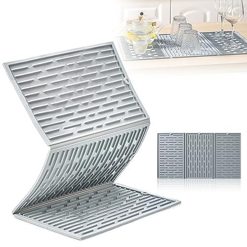 Collapsible Silicone Dish Drying Mat, 24” X 13” Trifold Drying Mat for Kitchen Counter, Non-slip, Heat Resistant, Foldable Kitchen Drying Mats, Counter Top Mat, Dish Drainer Mats, Sink Mat (Grey)