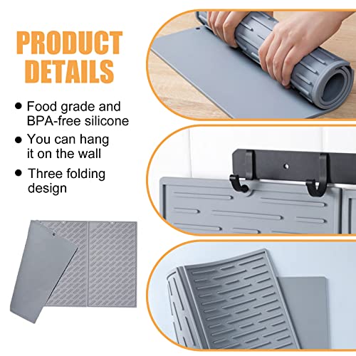 Collapsible Silicone Dish Drying Mat, 24” X 13” Trifold Drying Mat for Kitchen Counter, Non-slip, Heat Resistant, Foldable Kitchen Drying Mats, Counter Top Mat, Dish Drainer Mats, Sink Mat (Grey)